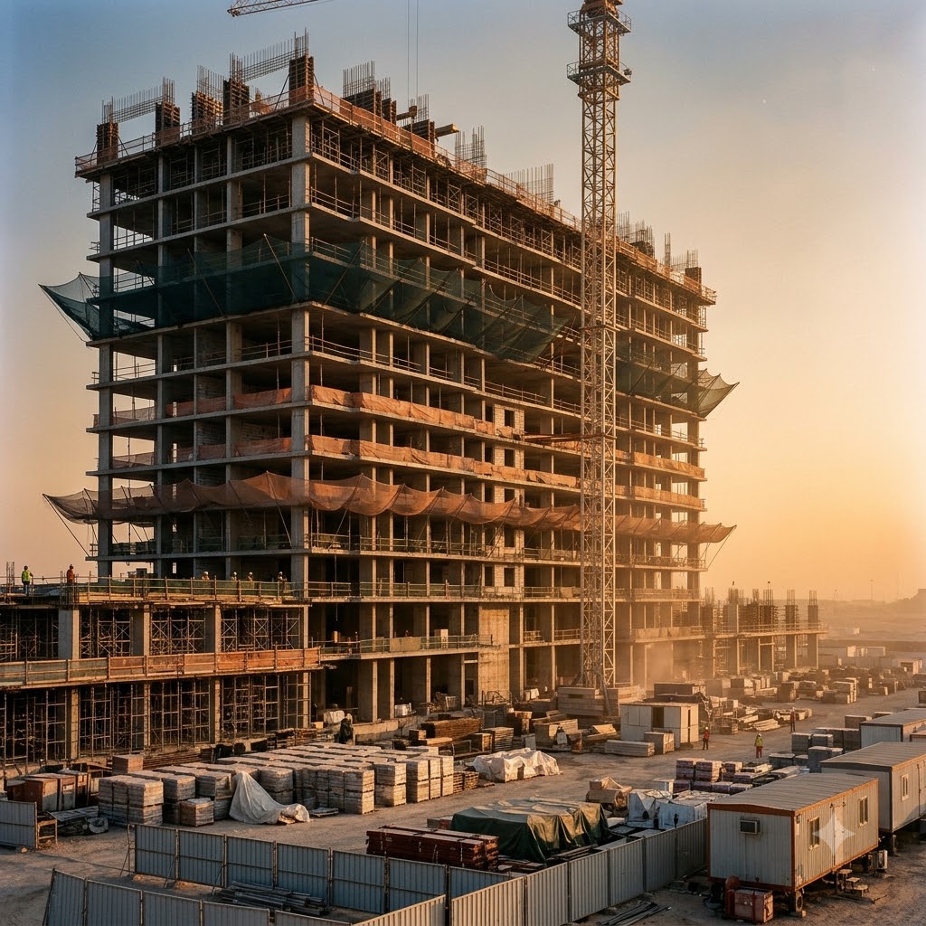 A residential tower under construction at golden hour