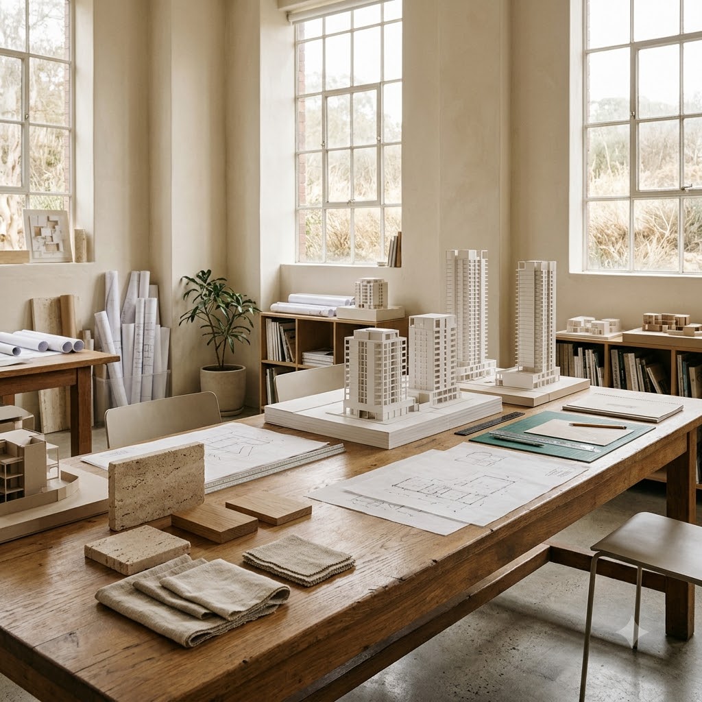 Architecture studio with models of residential towers
